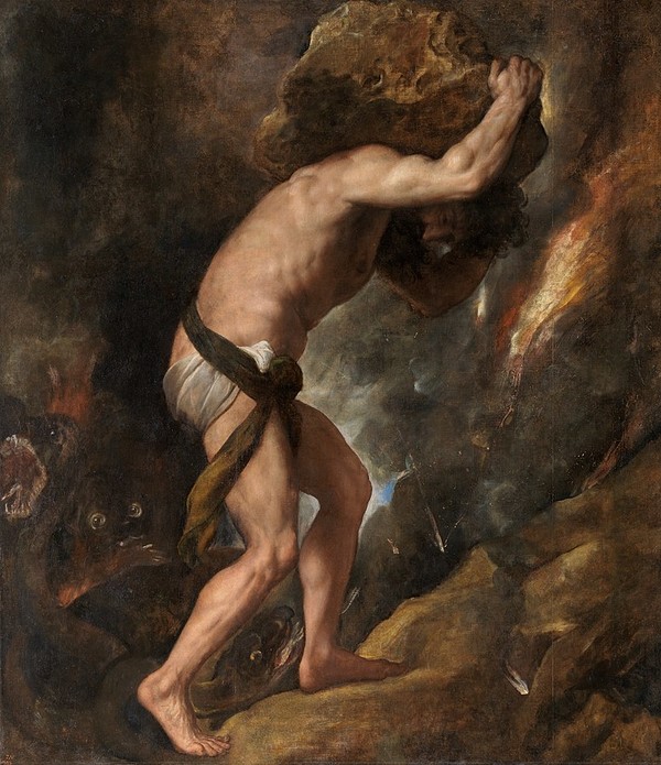 Sisyphus, 1548 by Titian. “… One sees the face screwed up, the cheek tight against the stone, the shoulder bracing the clay-covered mass, the foot wedging it, the fresh start with arms outstretched, the wholly human security of two earth-clotted hands. At the very end of his long effort measured by skyless space and time without depth, the purpose is achieved. Then Sisyphus watches the stone rush down in a few moments toward that lower world whence he will have to push it up again toward the summit. He goes back down to the plain.” - Le Mythe de  Albert Camus. https://bit.ly/3jc3nGH